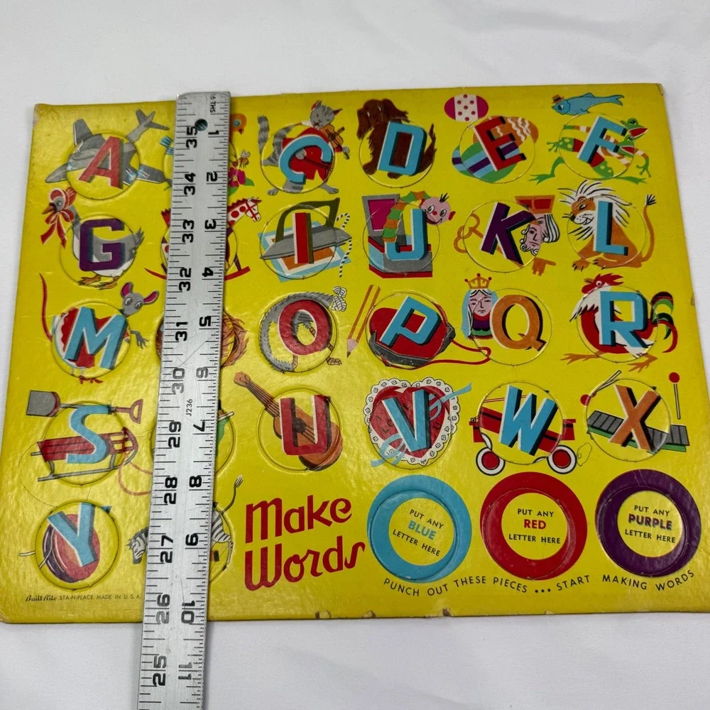 Vintage Built-Rite Make Words Alphabet Board Yellow Cardboard Punch Out Toy USA